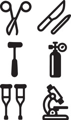 Collection of medical and scientific equipment icons including surgical tools, a reflex hammer, oxygen tank, crutches, and a microscope.