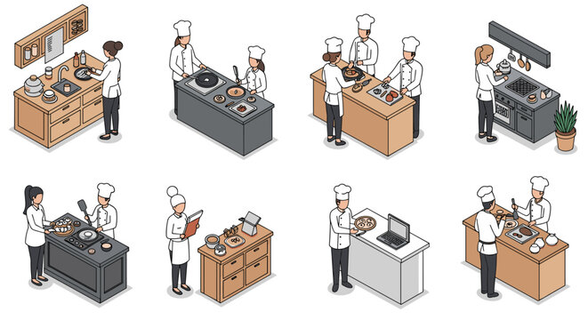 Isometric kitchen scenes: chefs cooking and presenting dishes in a professional culinary setting