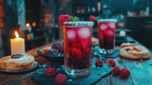 Food for halloween party, Dark gothic Halloween table setting with desserts and themed decor.