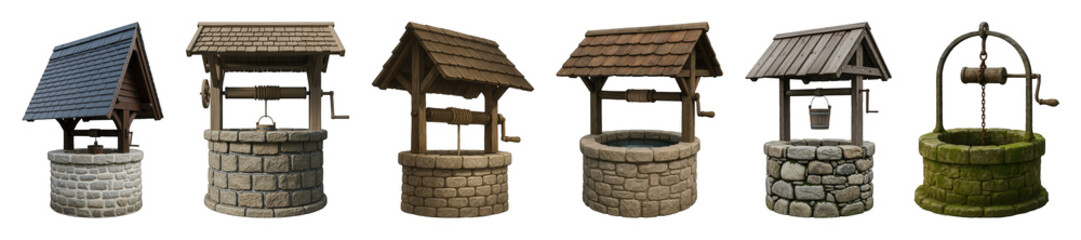 Wishing well set including various stone, wood, and roof styles isolated. Fantasy and rural architecture elements.