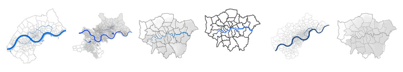 London map set including boroughs, River Thames, and outline variations isolated. Geographical data and urban planning.