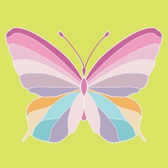 colorful butterfly with wing of pink, purple, orange, and green isolated in lime green background