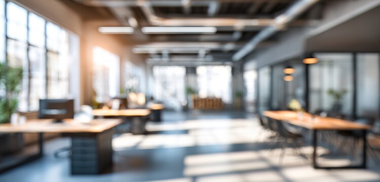 Bright and spacious office space in an unfocused view. Modern blurred background photo for banner, poster or magazine and website background. High quality