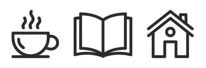 Coffee cup book and house icons represent a cozy reading nook at home with a warm beverage for relaxation and enjoyment of literature