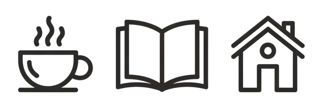 Coffee cup book and house icons represent a cozy reading nook at home with a warm beverage for relaxation and enjoyment of literature - Powered by Adobe