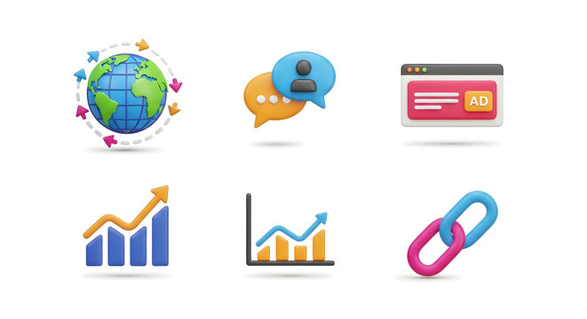 Collection of modern 3D icons illustrating digital marketing concepts like SEO, global strategy, online advertising, communication, and data analytics for business growth