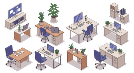 Modern isometric office desk setups with computers and plants