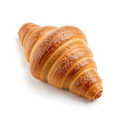 Golden, flaky croissant roll isolated on a white background, showcasing its layered texture, buttery aroma, and delicious bakery appeal.
