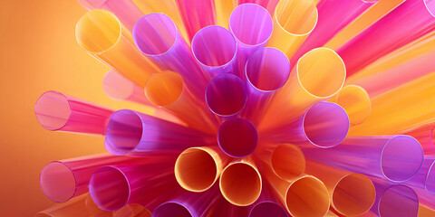 Colorful plastic drinking straws arranged in radial pattern abstract background - AI generated