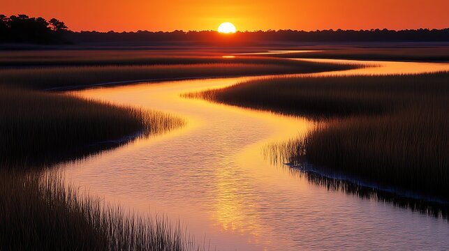Sunset Serenity A Golden River's Path Through the Marshland