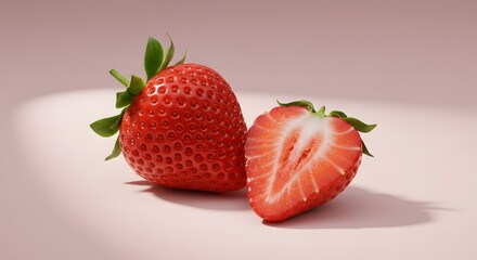 Fresh ripe strawberry fruit with one cut in half showing the juicy interior, isolated on a clean pink background for a healthy concept