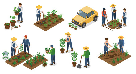 Isometric urban gardening scenes with people growing plants and vegetables