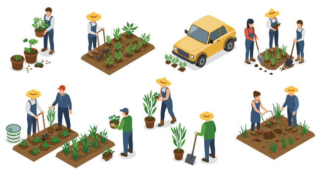 Isometric urban gardening scenes with people growing plants and vegetables