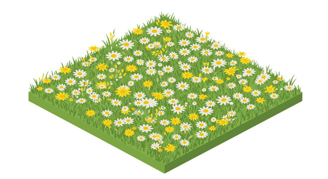 Isometric meadow with wildflowers and grass in bloom