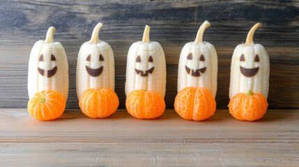 Food for halloween party, Colorful graphic of playful food items for kids featuring ghost bananas and pumpkins.