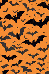 Seamless pattern in minimalistic flat style, flying bats of different sizes. Simple geometric shapes and clear silhouettes of bats. For holiday design, textiles, packaging, web graphics, Halloween