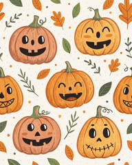 A fun and carefree seamless pattern in doodle style depicting jack-o'-lanterns with various funny