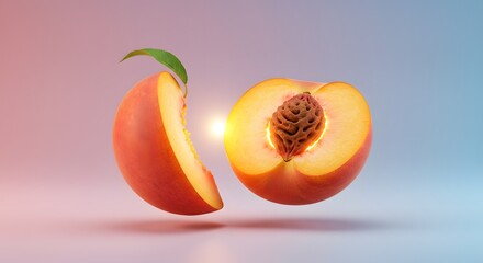 A vibrant, ripe peach sliced in half levitating in mid-air against a dreamy pink and blue gradient background