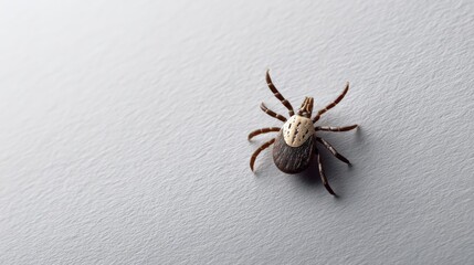 Dangerous tick crawling on a light gray surface, representing the spread of diseases like lyme disease and encephalitis, highlighting the importance of tick checks and prevention