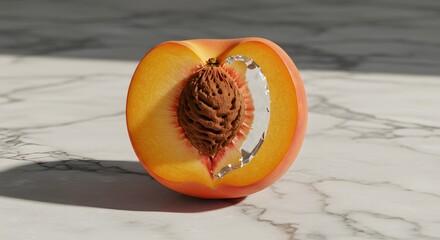 A conceptual still life illustrating the synthesis of nature and technology, featuring a ripe peach sliced open to reveal a metallic, chrome-like pit