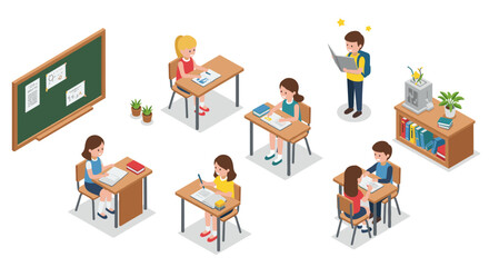 Isometric classroom with students studying and learning in modern educational environment
