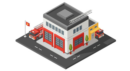 Modern isometric fire station with rescue trucks on city street