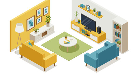 Fototapeta premium Modern isometric living room interior with minimalist design and furniture