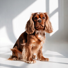 A purebred brown and white Cavalier King Charles Spaniel puppy is sitting and looking cute