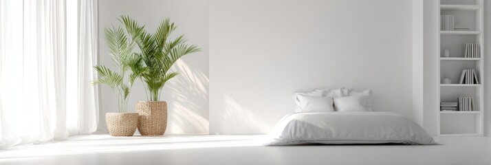 Minimalist white bedroom interior with plant