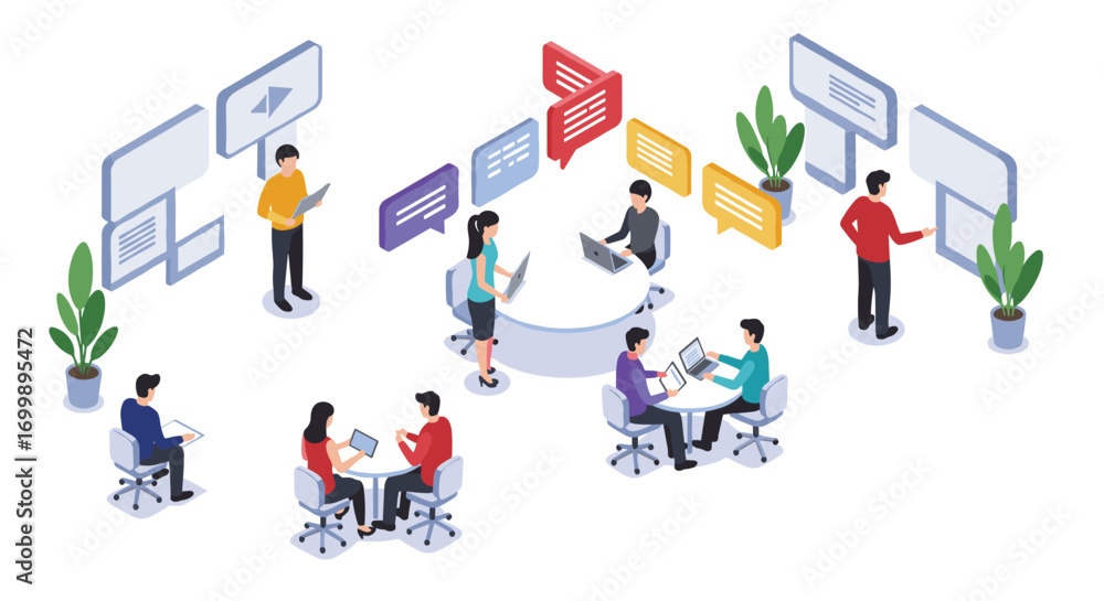 Poster collaborative office meeting with diverse team engaging in discussion and idea sharing in isometric 