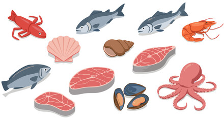Obraz premium Fresh seafood variety with fish, shellfish, and crustaceans on white background