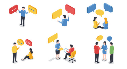 Isometric people engaging in conversations with speech bubbles in various settings