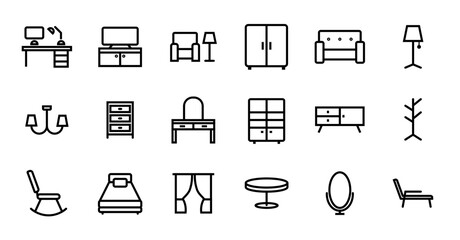 Furniture icons set. Desk with computer, TV stand, armchair, wardrobe, sofa, lamp, chandelier, dresser, vanity table, sideboard, coat rack, rocking chair, bed, curtains, table, mirror, lounge chair.