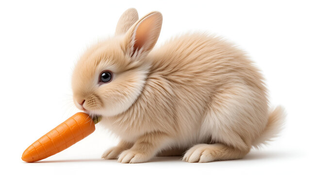 A fluffy baby rabbit, nibbling on a carrot, minimalist flat design, soft beige and white, isolated on white background.