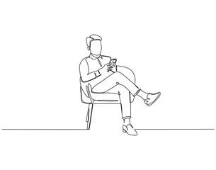 Continuous line drawing of man sitting holding smartphone. Single line illustration of relaxing man holding phone. Holiday, business concept. Editable outline