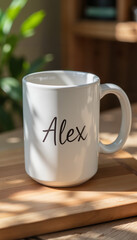 Fototapeta premium White coffee cup with handwritten name Alex on wooden table 