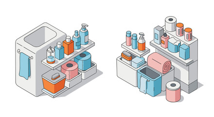 Obraz premium Isometric bathroom storage organization with toiletries and towels