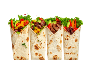 ltra-detailed 8K PNG of four assorted tortilla wraps, sliced diagonally to reveal co 212805