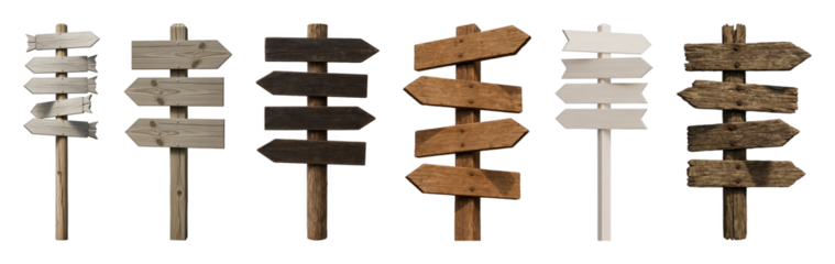 Signpost set including various wooden, rustic, and white directional boards isolated. Navigation and choice collection.