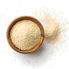 Fonio grains in a wooden bowl, isolated on white background, highlighting their tiny size, light color,