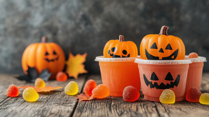 Food for halloween party, Mini jelly cups with gummy eyeballs for spooky treats.