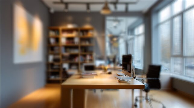 Beautiful inconspicuous office interior room. Blurry workspace with unfocused effect. High quality