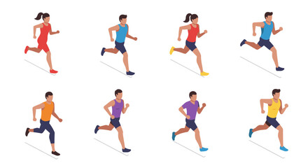Isometric running people set: diverse athletes in dynamic poses