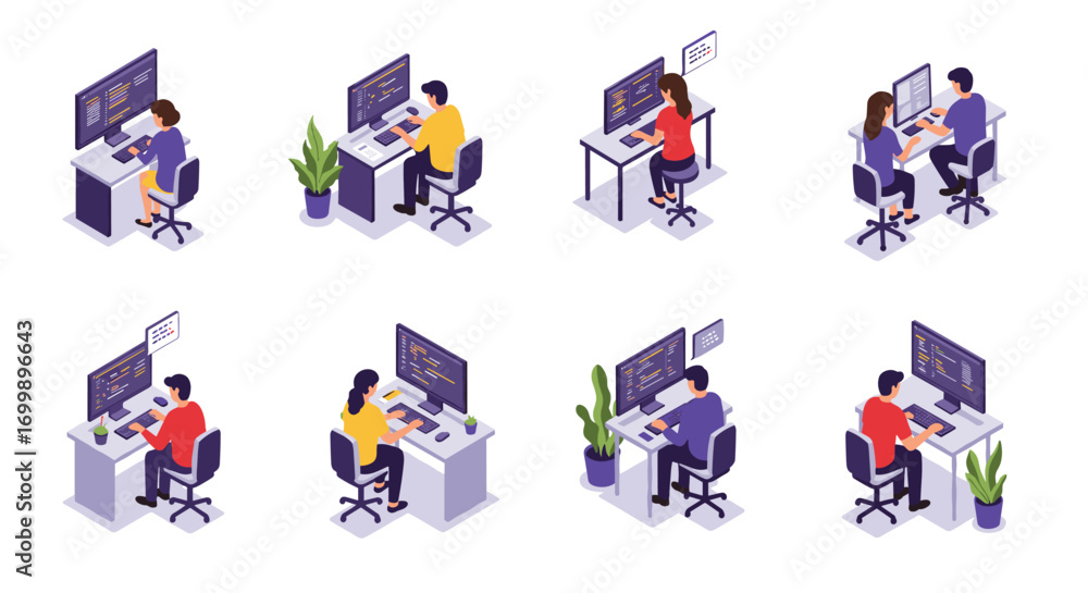 Aufkleber isometric office workers coding at desks with computers and plants