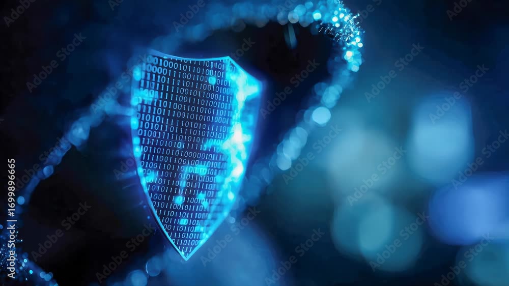 Poster digital shield made of blue binary code, symbolizing cybersecurity, data protection, and digital inf