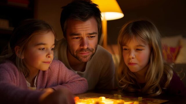 Cozy family game night father and daughter duo playing board in living room indoor by warm lamp light creating joyful intimate atmosphere