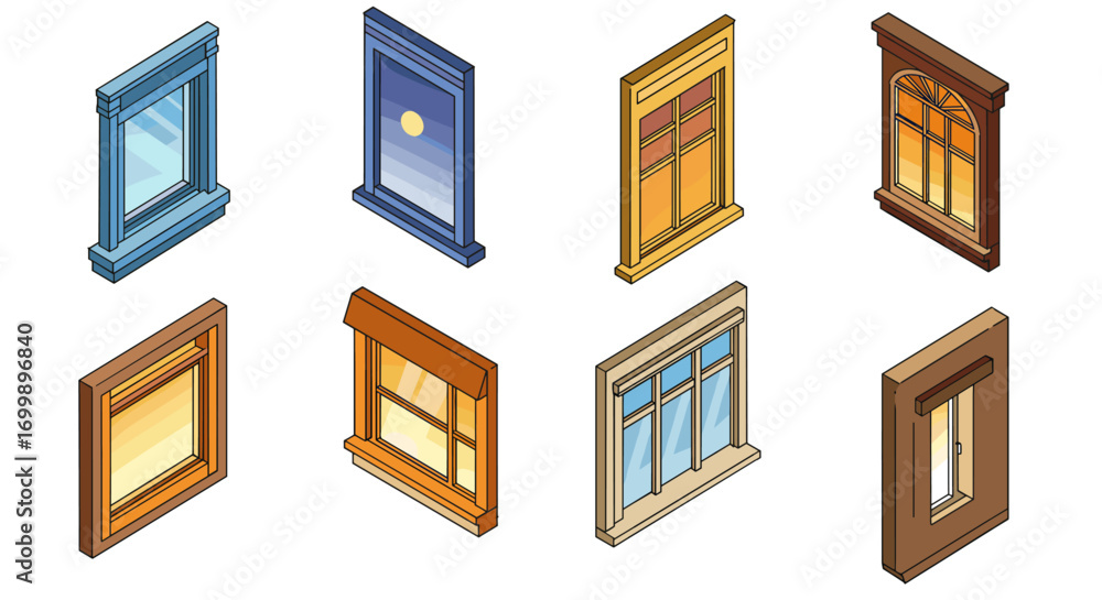 Aufkleber isometric window collection with diverse architectural styles and color variations