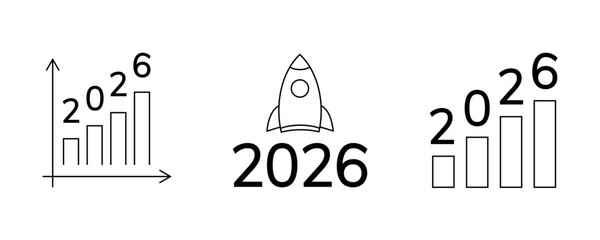 icons. 2026. a collection of minimalist icons depicting the year 2026, integrated into various themes such as documents, devices, graphics, people, communications, and technology.