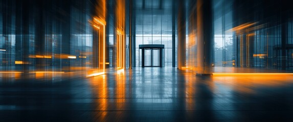 abstract blur modern interior of office building entrance with blue background and orange light effect concept. High quality