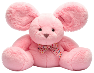 Cute Pink Bunny Plush Toy Sitting with Polka Dot Bow Tie Isolated on Transparent Background.